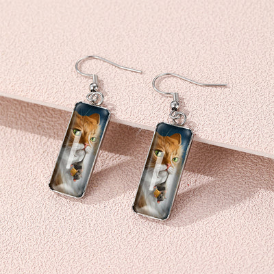 Cartoon Cat Alloy Glass Drop Earrings for Women