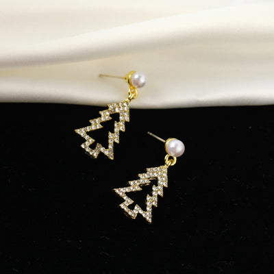 1 Pair Christmas Tree Alloy Hollow Out Pearl Rhinestone Drop Earrings for Women