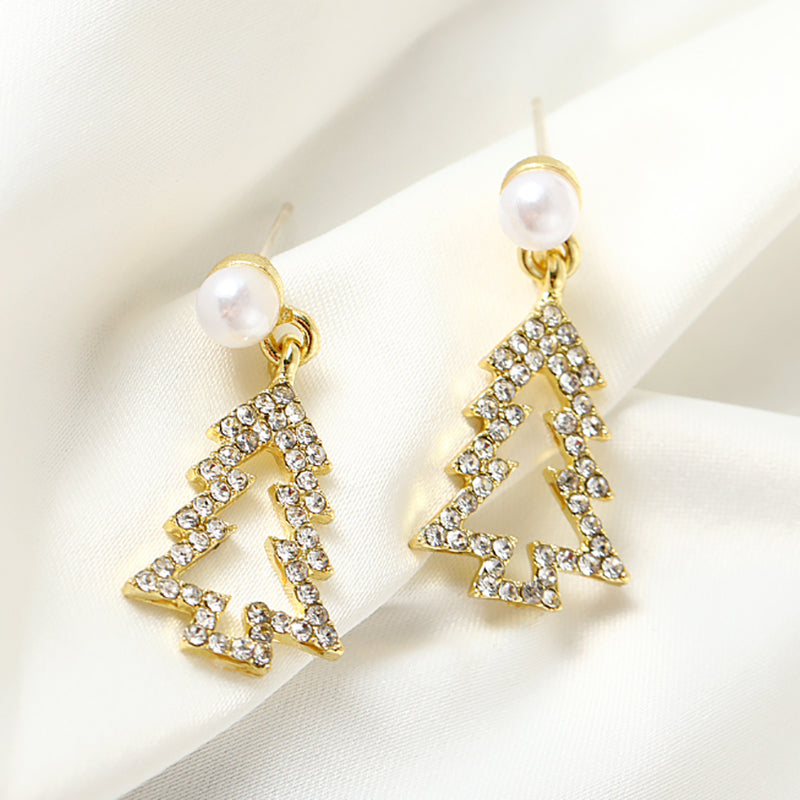 1 Pair Christmas Tree Alloy Hollow Out Pearl Rhinestone Drop Earrings for Women