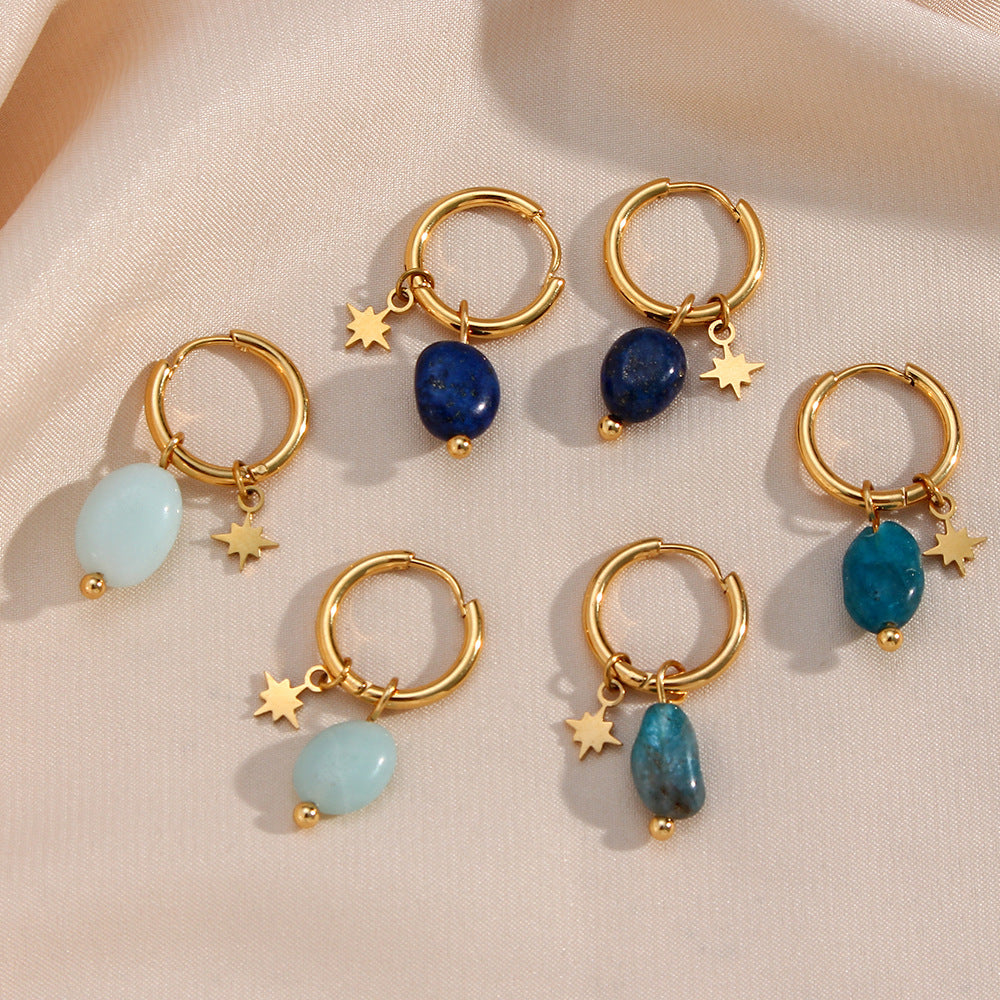 Classic Geometric Gold Plated Stainless Steel Earrings with Natural Stone Pendant