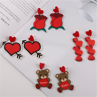1 Pair Cute Bear Heart Shape Rose Acrylic Valentine's Day Drop Earrings