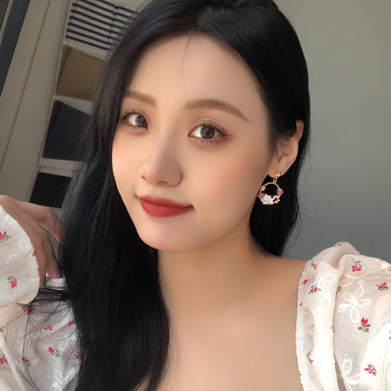 1 Pair Cute Asymmetrical Flower & Animal Pearl Drop Earrings in Enamel & Sterling Silver