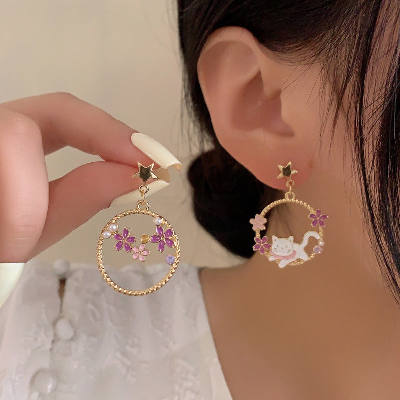 1 Pair Cute Asymmetrical Flower & Animal Pearl Drop Earrings in Enamel & Sterling Silver