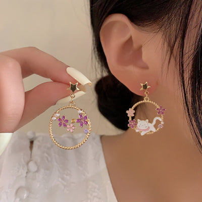 1 Pair Cute Asymmetrical Flower & Animal Pearl Drop Earrings in Enamel & Sterling Silver