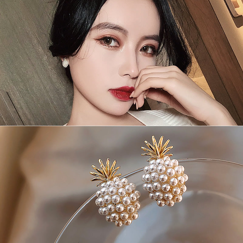 1 Pair Cute Pineapple Pearl Alloy Stud Earrings with 925 Silver Needle