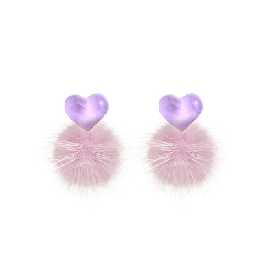 1 Pair Cute Heart Shape Acrylic Handmade Women's Drop Earrings with Fuzzy Ball Design