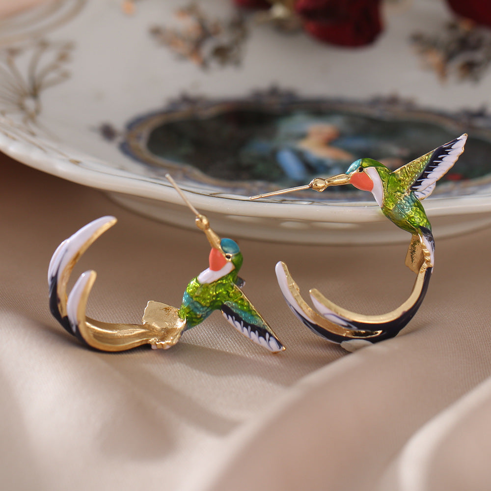 1 Pair Cute Bird Enamel Imitation Pearl Zircon Earrings