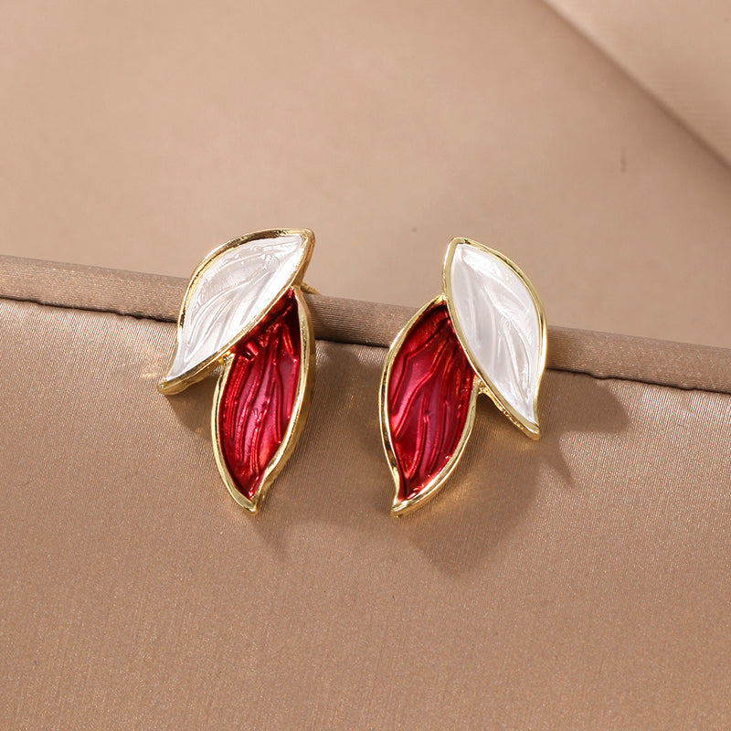 Elegant Korean Leaf Enamel Alloy Stud Earrings with S925 Silver Needle