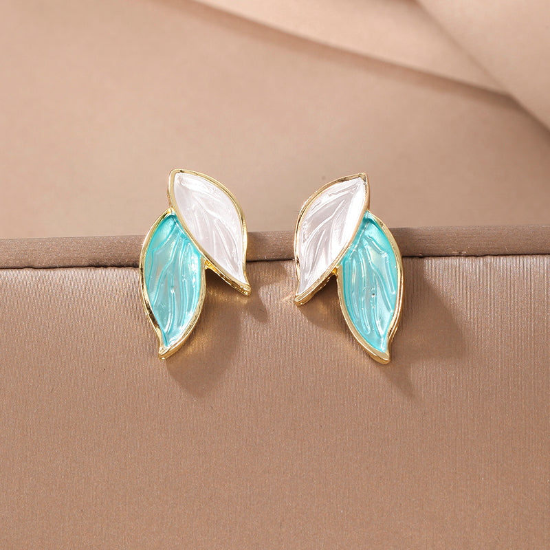 Elegant Korean Leaf Enamel Alloy Stud Earrings with S925 Silver Needle