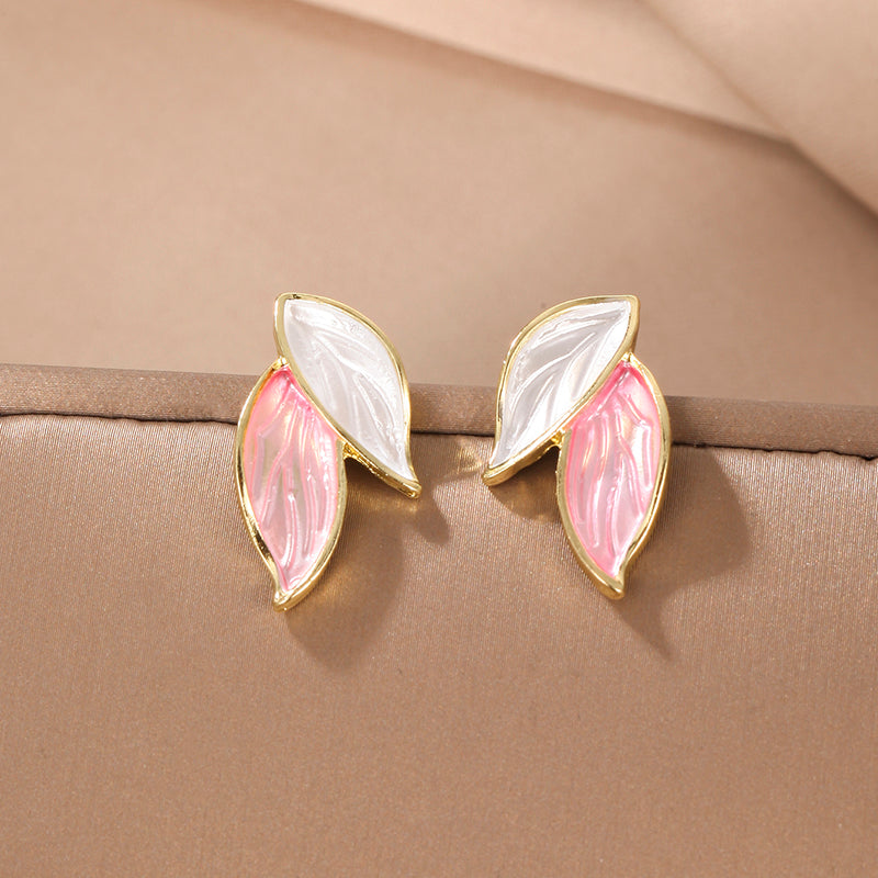 Elegant Korean Leaf Enamel Alloy Stud Earrings with S925 Silver Needle