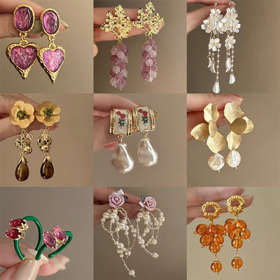 Elegant Geometric Heart Bow Knot Zircon Pearl Vintage Oval Stud Earrings