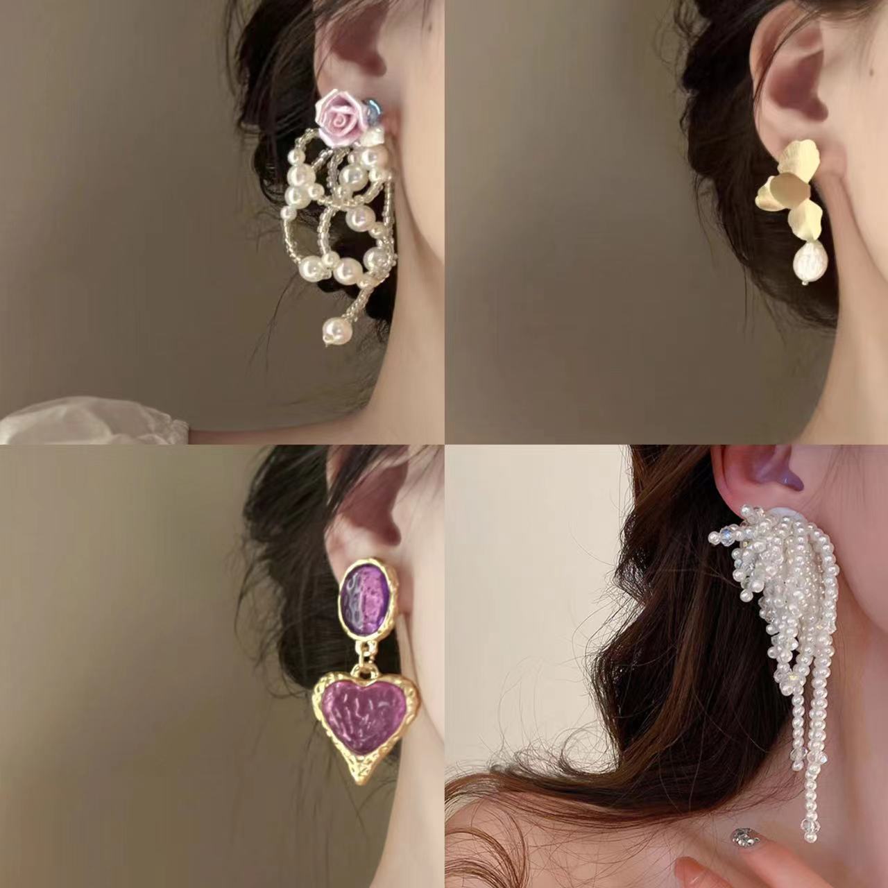 Elegant Geometric Heart Bow Knot Zircon Pearl Vintage Oval Stud Earrings
