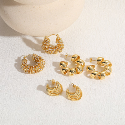 Elegant C Shape Zircon Hoop Earrings 14K Gold Plated Copper