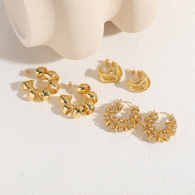 Elegant C Shape Zircon Hoop Earrings 14K Gold Plated Copper