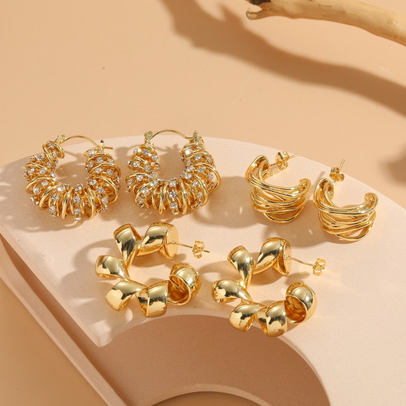 Elegant C Shape Zircon Hoop Earrings 14K Gold Plated Copper