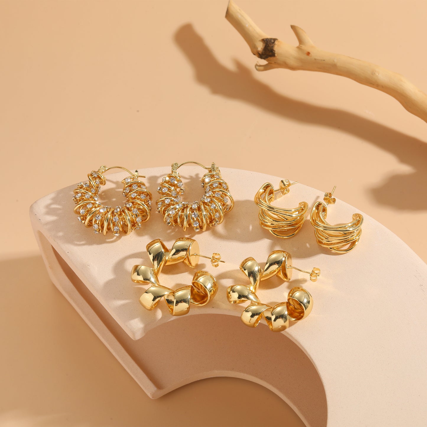 Elegant C Shape Zircon Hoop Earrings 14K Gold Plated Copper