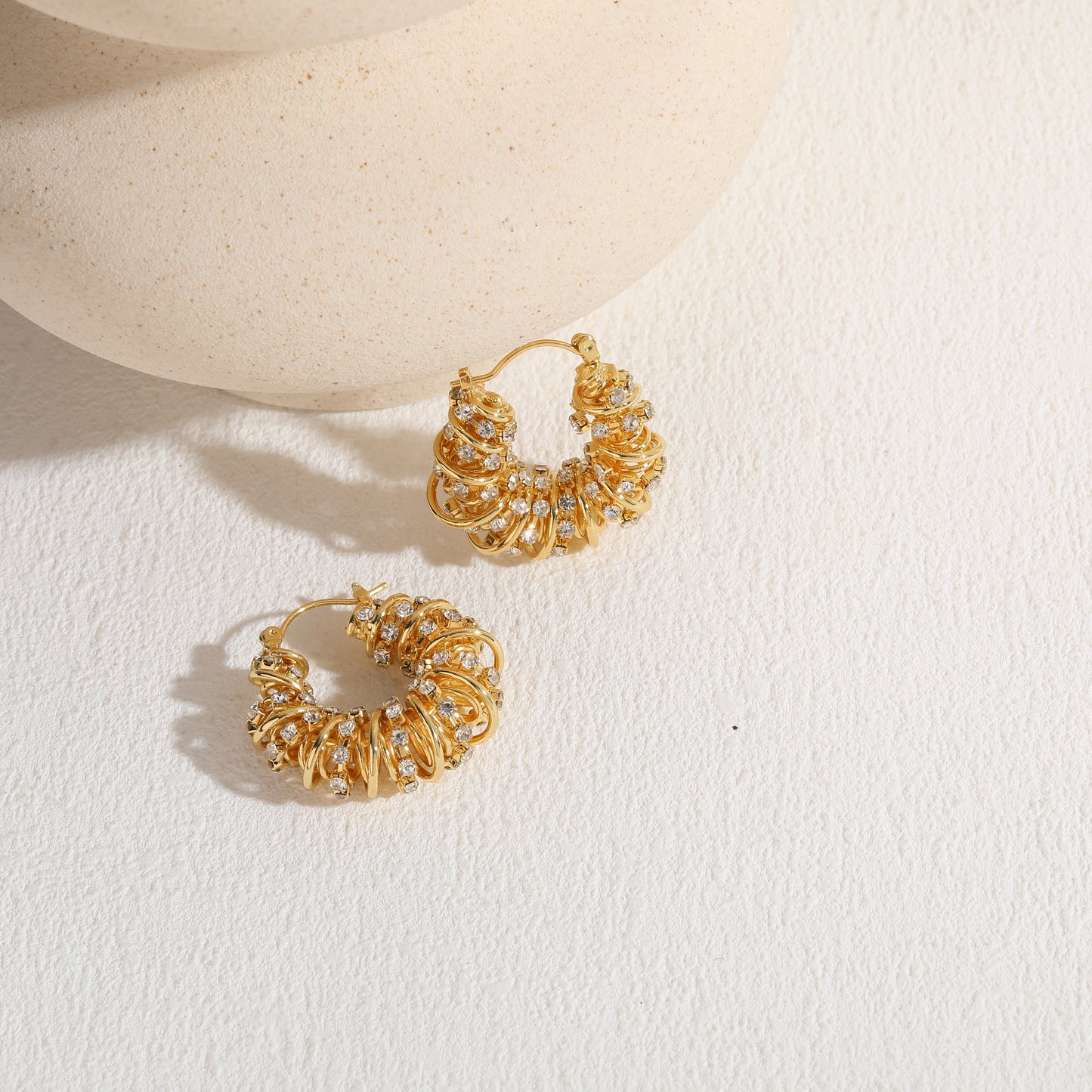 Elegant C Shape Zircon Hoop Earrings 14K Gold Plated Copper