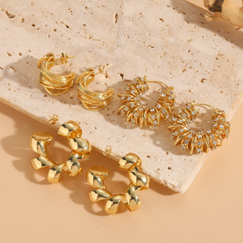 Elegant C Shape Zircon Hoop Earrings 14K Gold Plated Copper