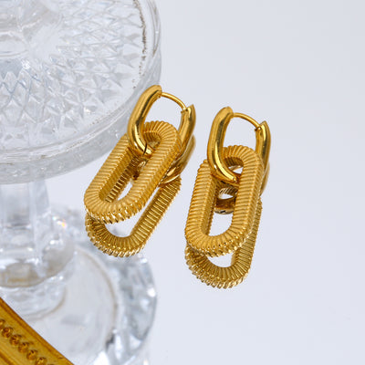 1 Pair Elegant Retro Oval Thread Polished 18K Gold Plated Stainless Steel Chain Hoop Earrings