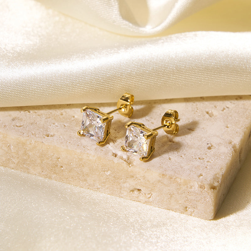1 Pair Elegant 18K Gold Plated Square Zircon Stainless Steel Stud Earrings