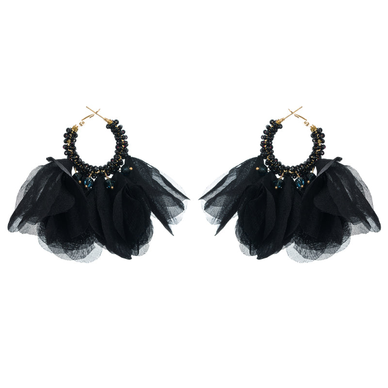 Ethnic Bohemian Purple Chiffon Flower Beaded Hoop Earrings for Women