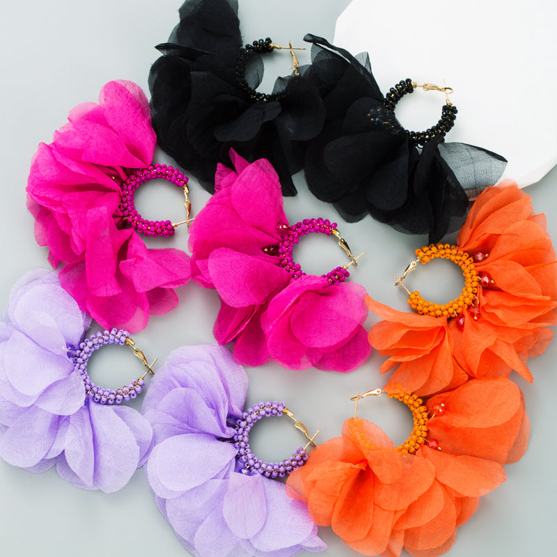 Ethnic Bohemian Purple Chiffon Flower Beaded Hoop Earrings for Women