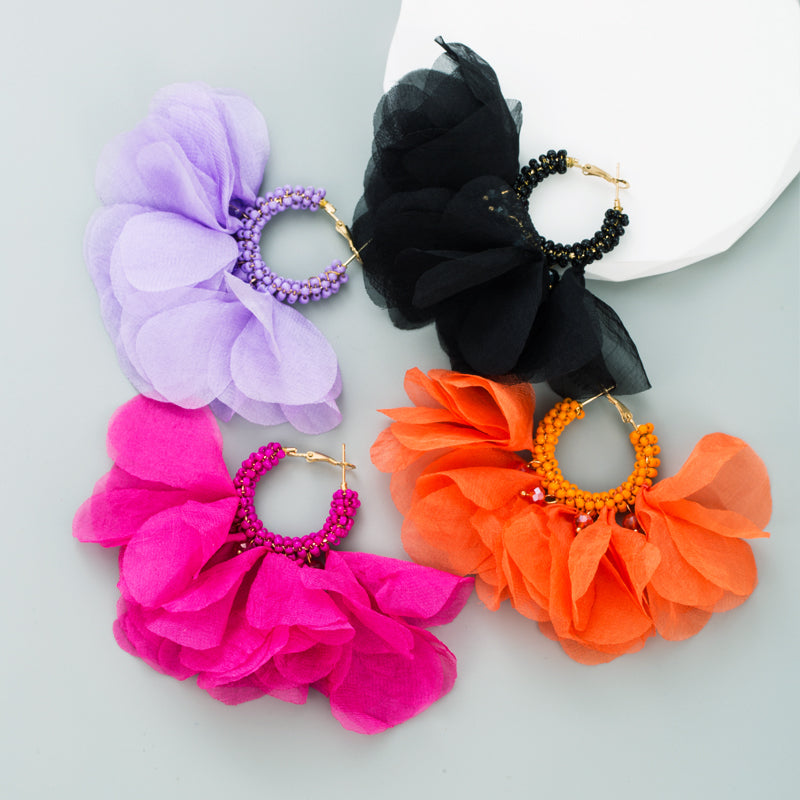 Ethnic Bohemian Purple Chiffon Flower Beaded Hoop Earrings for Women