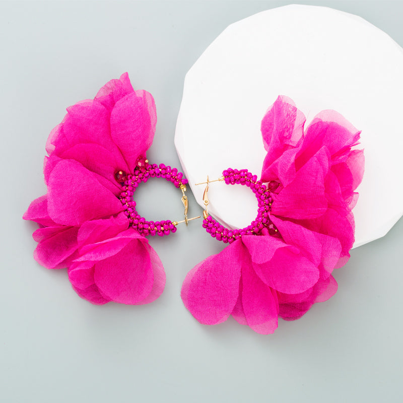 Ethnic Bohemian Purple Chiffon Flower Beaded Hoop Earrings for Women