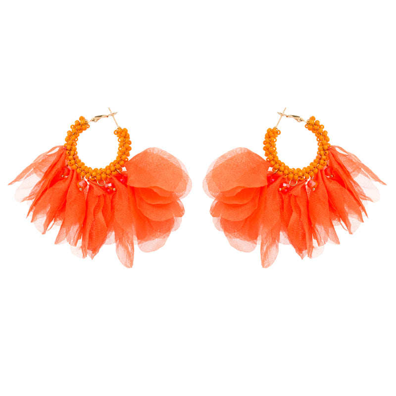 Ethnic Bohemian Purple Chiffon Flower Beaded Hoop Earrings for Women