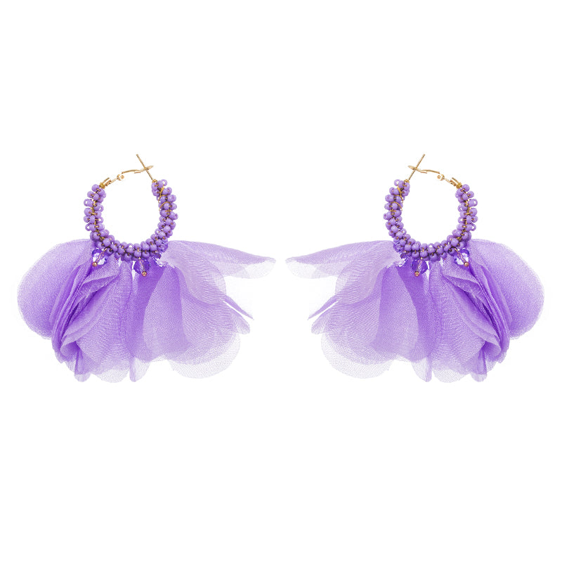 Ethnic Bohemian Purple Chiffon Flower Beaded Hoop Earrings for Women