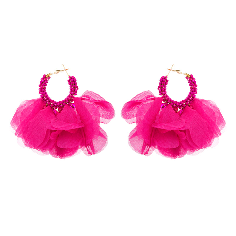 Ethnic Bohemian Purple Chiffon Flower Beaded Hoop Earrings for Women
