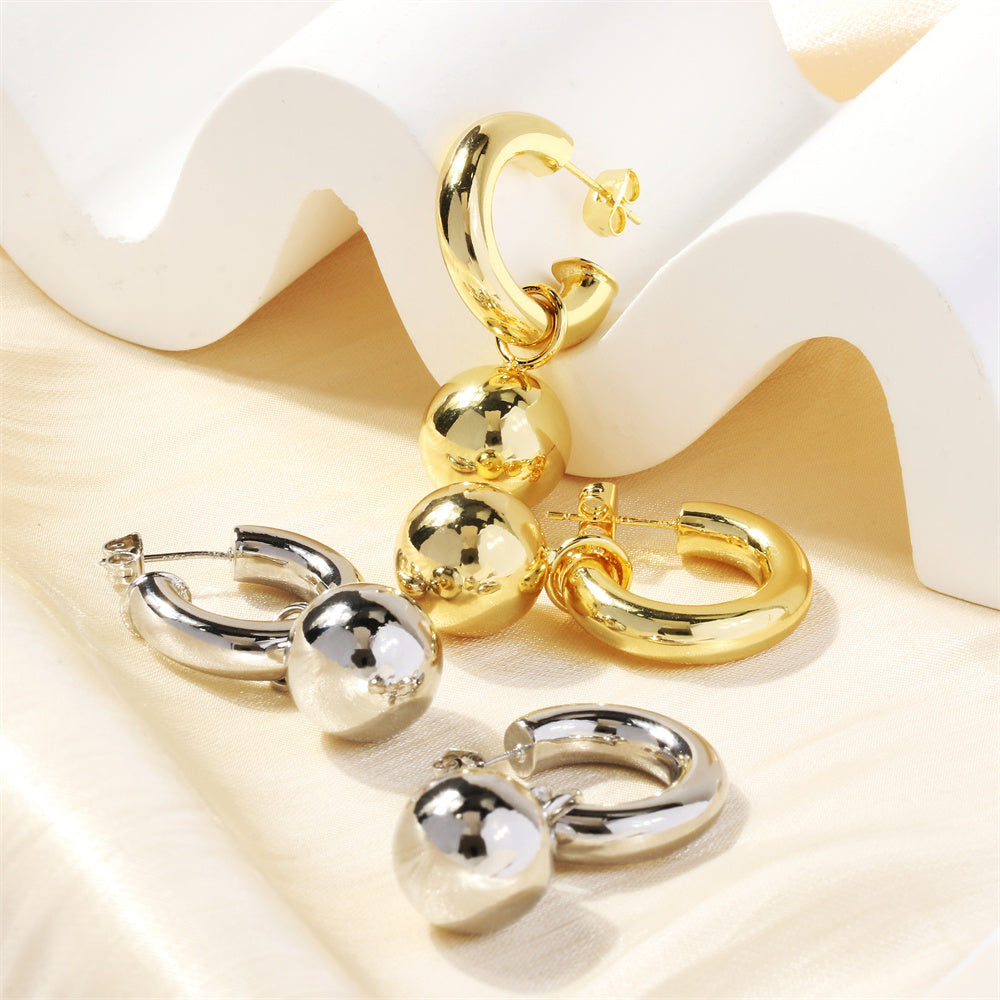 1 Pair 18K Gold Plated C Shape Ball Drop Earrings