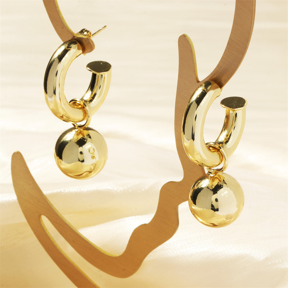 1 Pair 18K Gold Plated C Shape Ball Drop Earrings