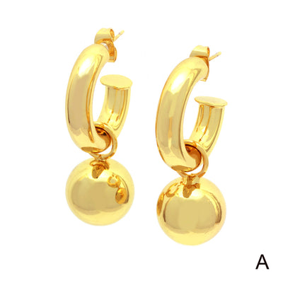 1 Pair 18K Gold Plated C Shape Ball Drop Earrings