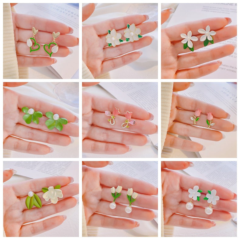 Fairy Leaf Flower Opal Zircon Earrings with Imitation Pearl and Green Tulip Tassel Design
