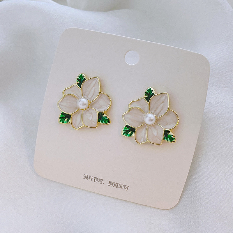 Fairy Leaf Flower Opal Zircon Earrings with Imitation Pearl and Green Tulip Tassel Design