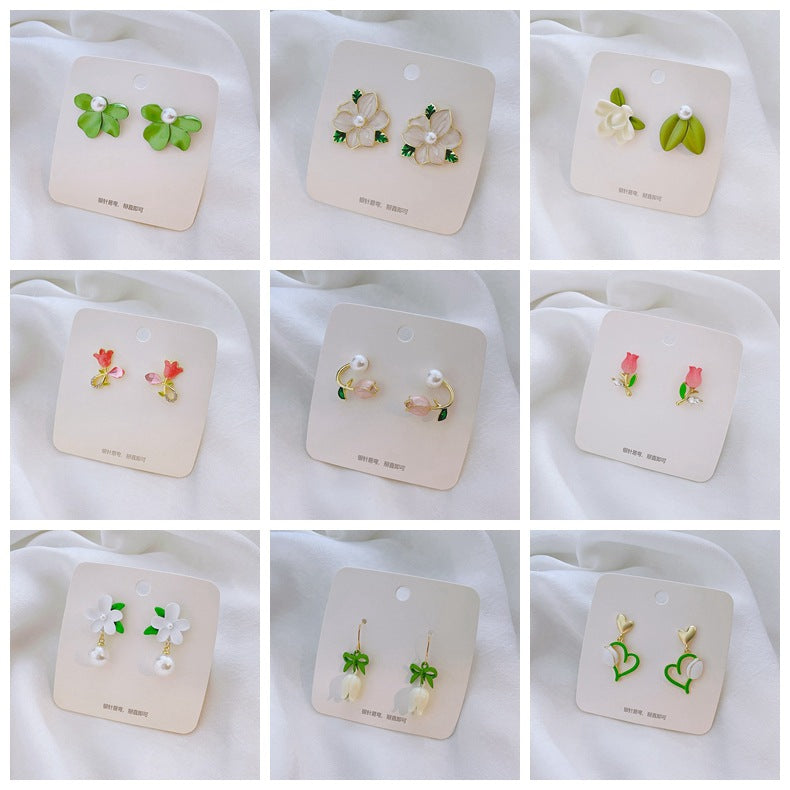 Fairy Leaf Flower Opal Zircon Earrings with Imitation Pearl and Green Tulip Tassel Design