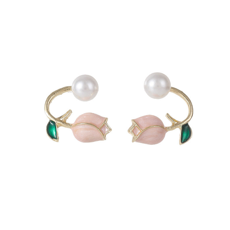 Fairy Leaf Flower Opal Zircon Earrings with Imitation Pearl and Green Tulip Tassel Design