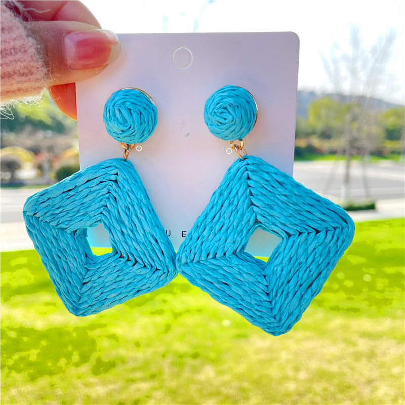 1 Pair Bohemian Geometric Rattan Weave Drop Earrings for Women