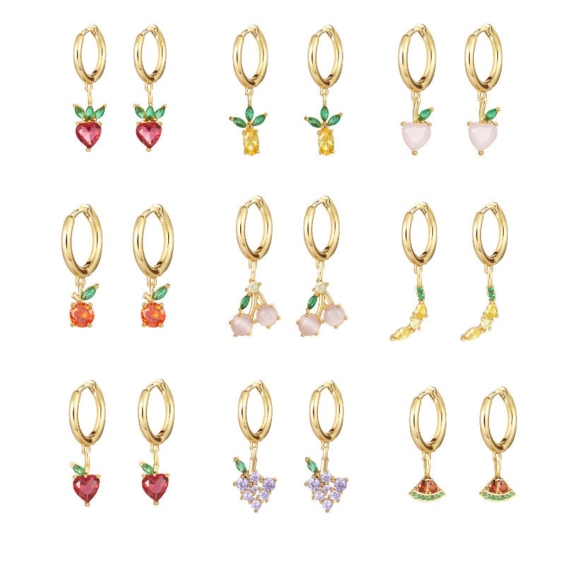 1 Pair Fashion Fruit-Inspired Copper Inlaid Zircon Drop Earrings - Pineapple, Watermelon, Grape, Cherry Design