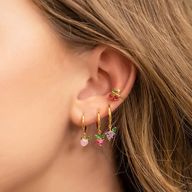 1 Pair Fashion Fruit-Inspired Copper Inlaid Zircon Drop Earrings - Pineapple, Watermelon, Grape, Cherry Design