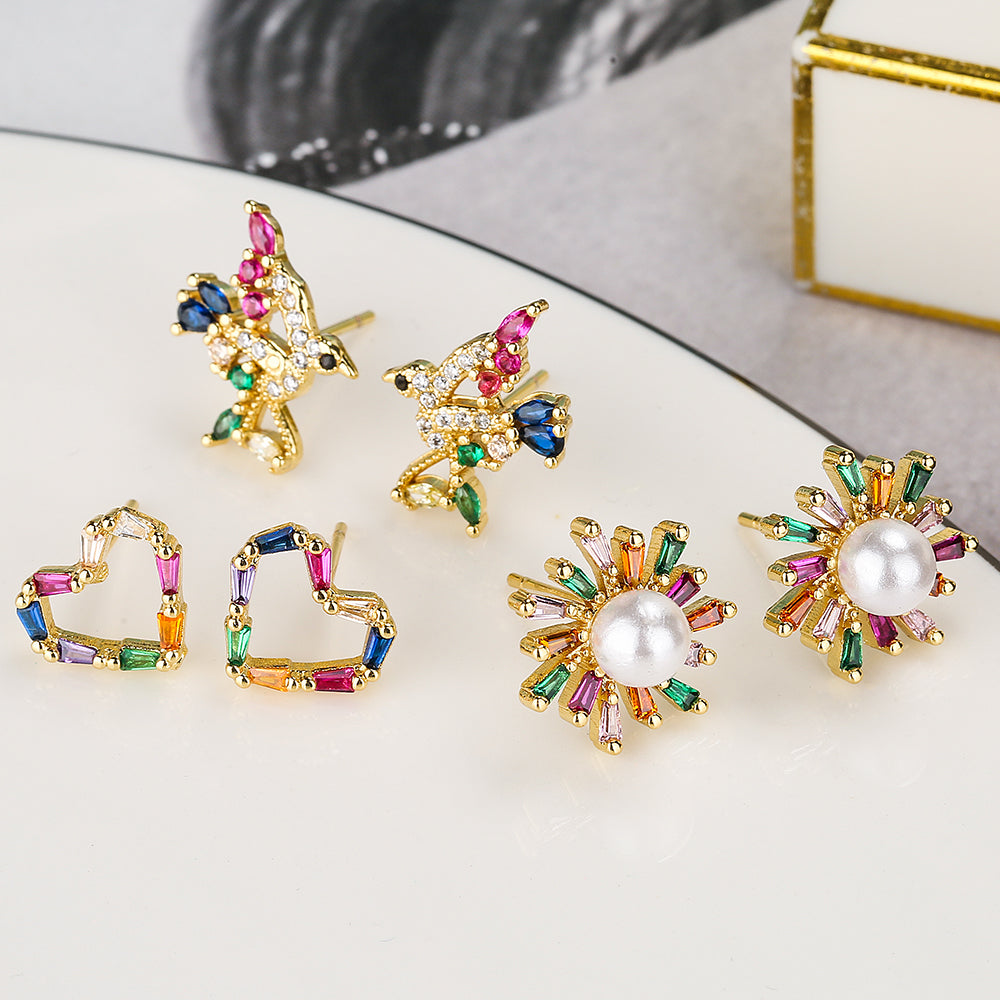 1 Pair Elegant Heart Bird Copper Zircon Stud Earrings