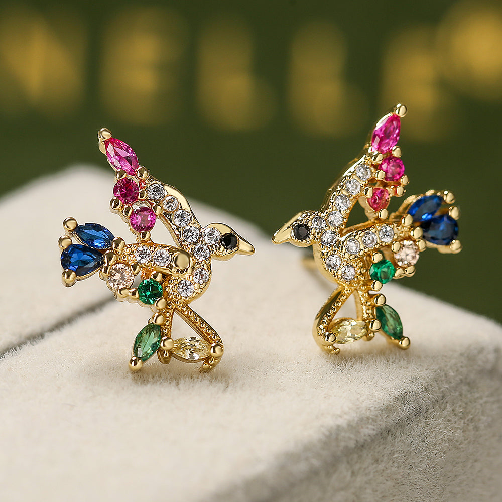 1 Pair Elegant Heart Bird Copper Zircon Stud Earrings