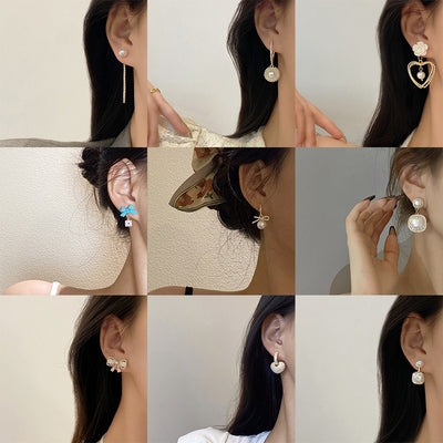 Fashion Heart Bow Knot Zircon Pearl Drop Earrings in 925 Silver