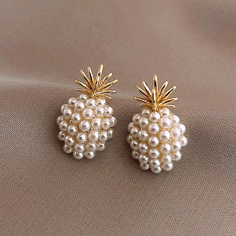 1 Pair Pineapple Alloy Inlay Pearl Gold Plated Earrings for Women