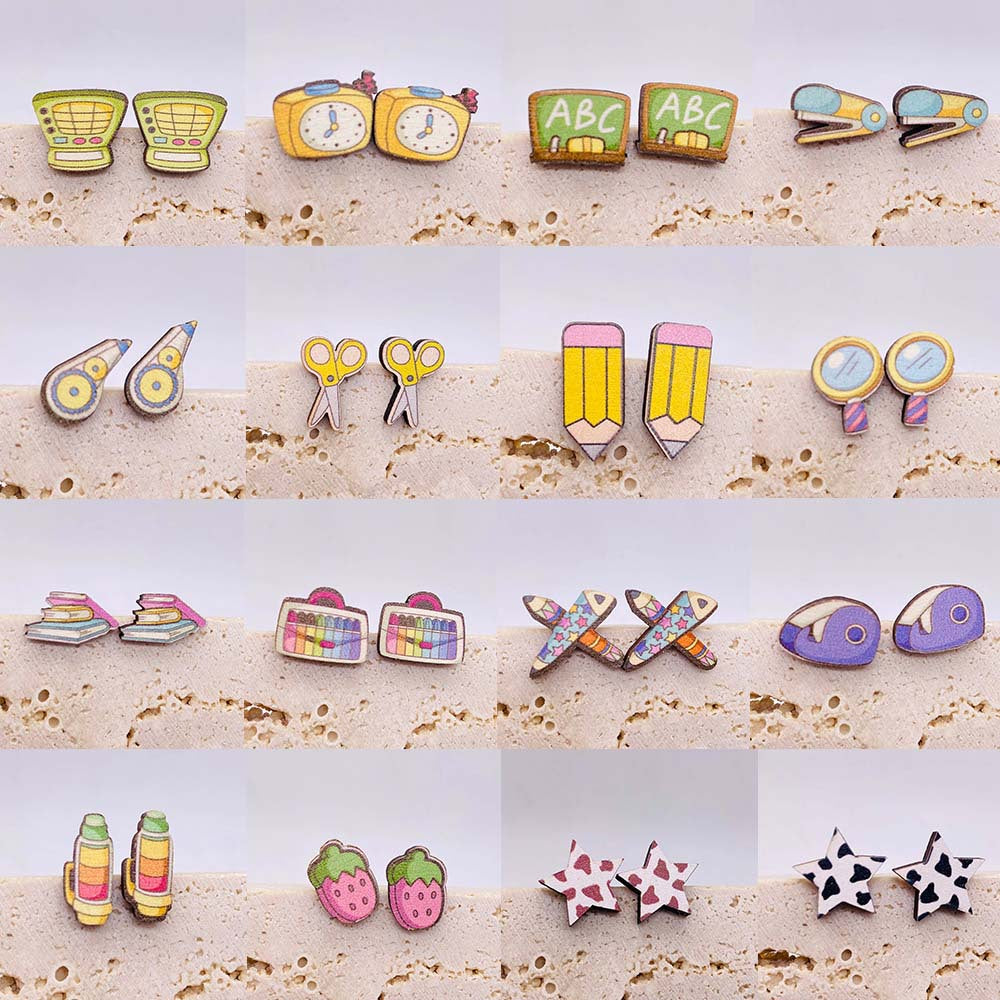 1 Pair Fashion Scissors and Pencil Wood Women's Ear Studs - Back to School Teacher's Collection