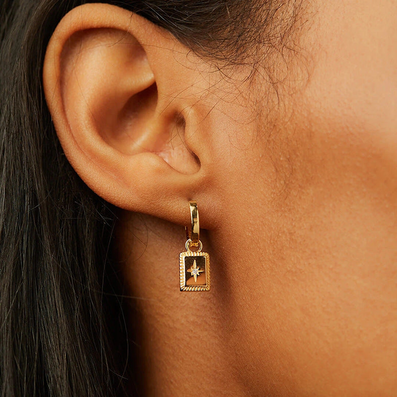 1 Pair Fashion Star Square Silver Plated Zircon Drop Earrings