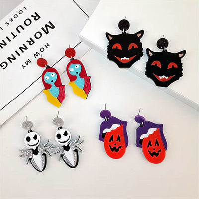 1 Pair Halloween Skull and Black Cat Acrylic Drop Earrings