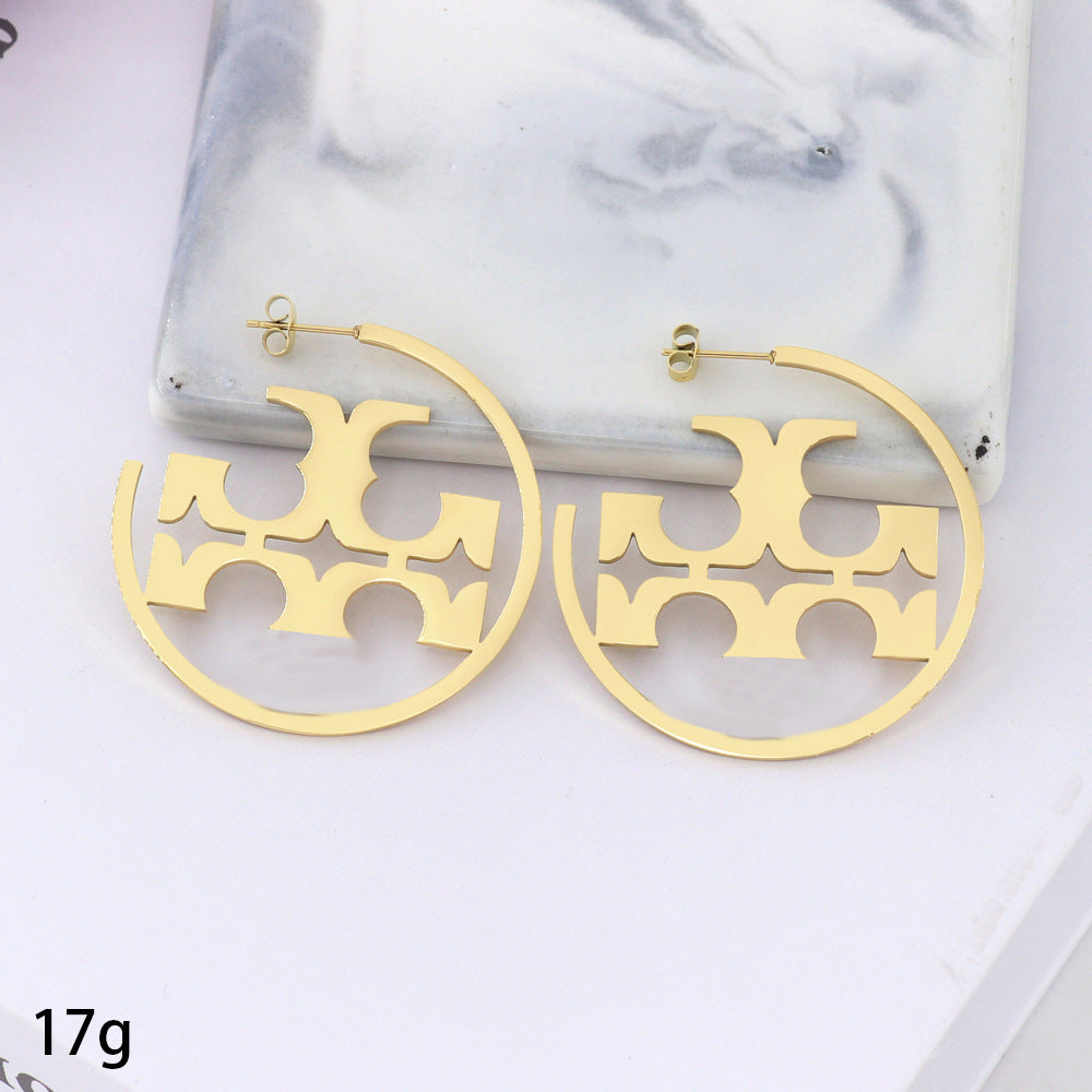 IG Style Exaggerated Symbol Carved Stainless Steel Stud and Hoop Earrings