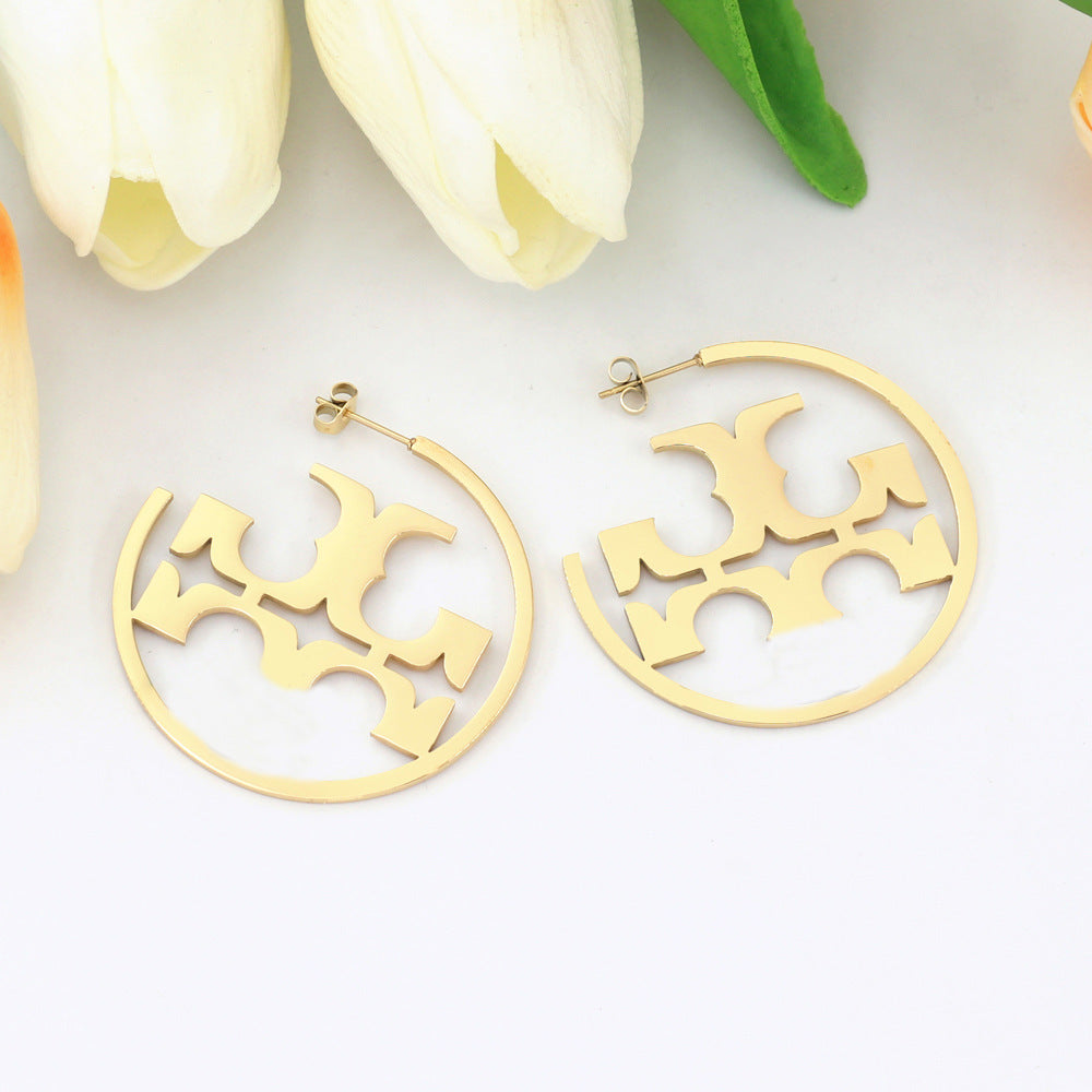 IG Style Exaggerated Symbol Carved Stainless Steel Stud and Hoop Earrings